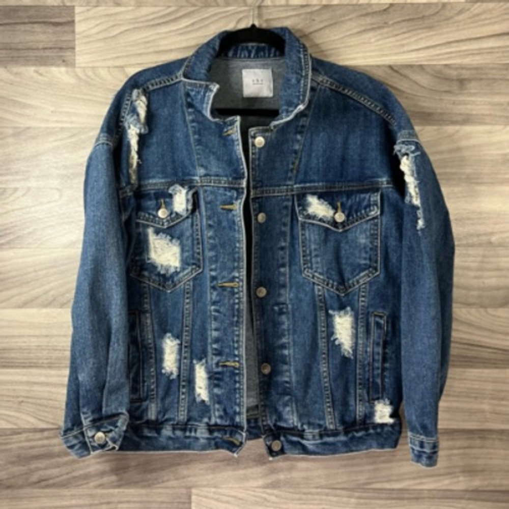 O&O Denimwear Womens Jean Jacket Blue Waist Length Buttons Distressed‎ Retro S